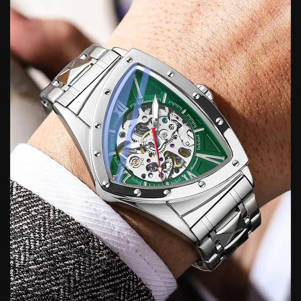 Irregular Fashion Triangle Skeleton Men's Automatic Mechanical Watches Unique Luxury Stainless Steel Watch Waterproof Luminous Business Wristwatch
