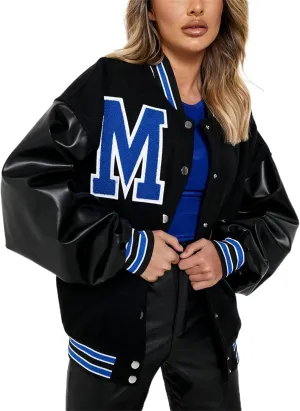 iTranyee Women's Vintage Varsity Jackets Retro Baseball Bomber Jackets Y2k Button Down Long Sleeve Oversized Coat Streetwear