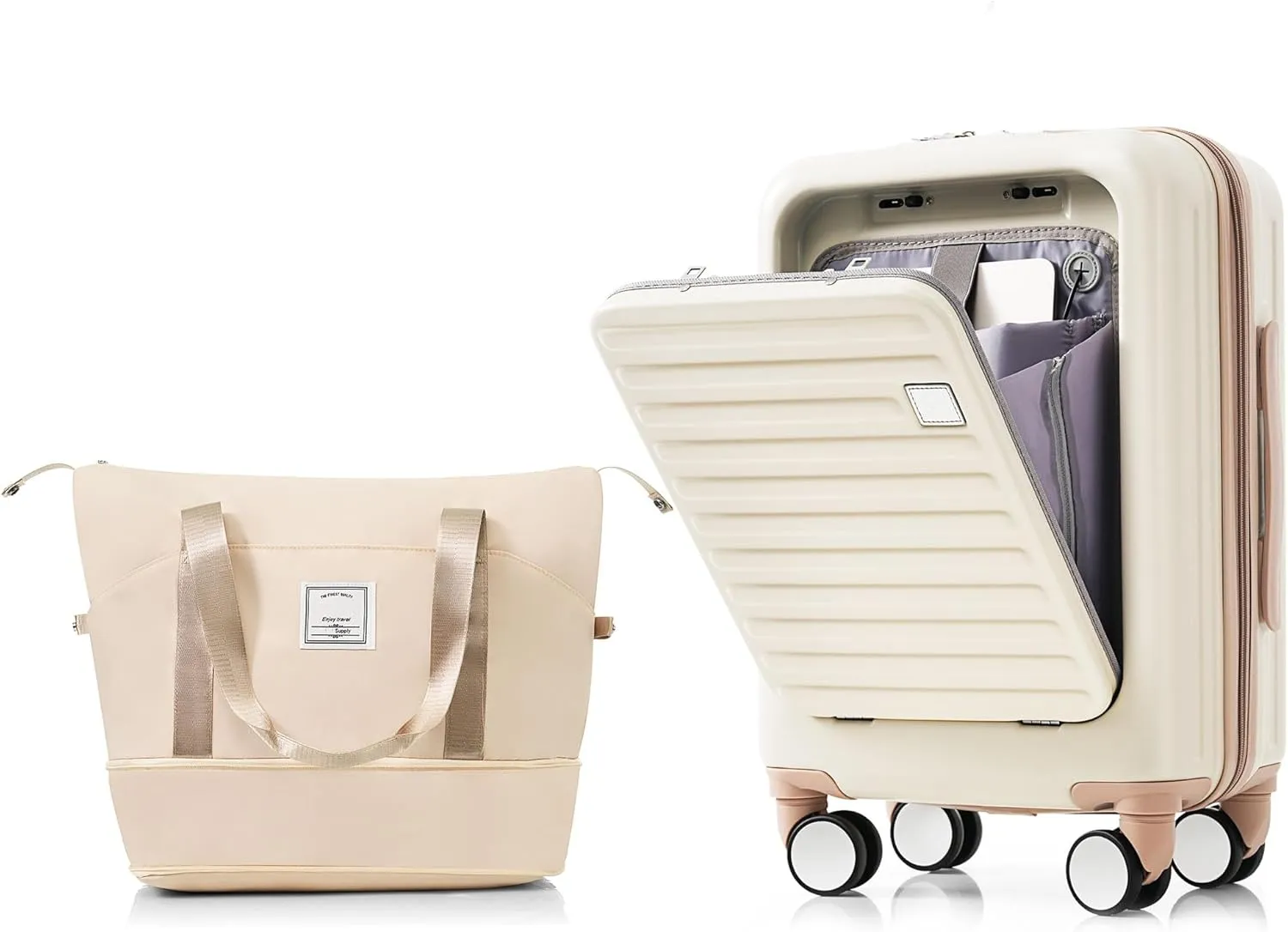 JCSD Convenient and Durable 20-Inch Carry-On Luggage with Expandable Travel Bag Set, ABS Hard Shell, USB Port, Cup Holder, Ivory and Golden