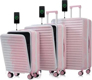 JCSD Convenient Travel with 3-Piece Hard Shell Luggage Set, USB Port, Front Pocket, Gradient Pink