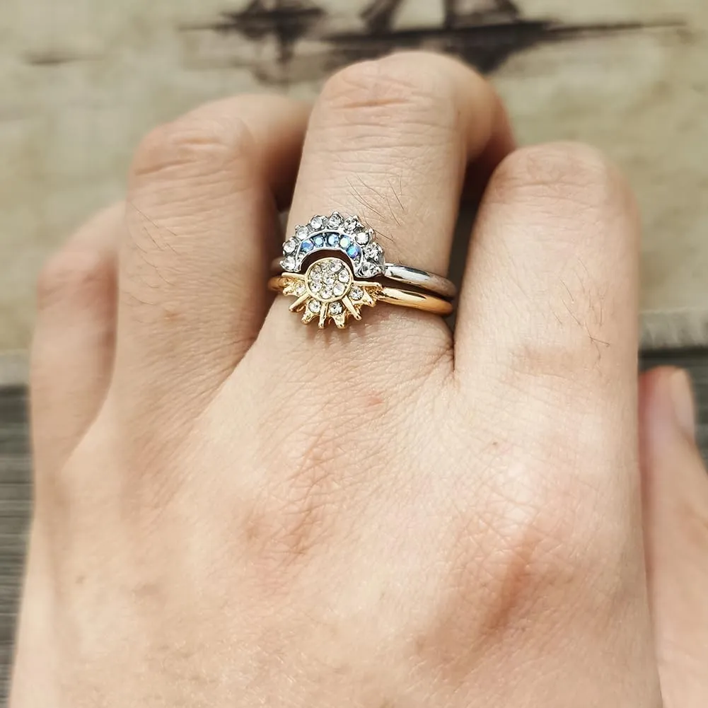 JczR.Y Sun And Moon Ring Set Size 6-11 Celestial Sun Moon Crescent Ring Set Gold Silver Shiny Sun Ring Blue Moon Ring for Women Men Fashion Rhinestone Crystal Rings Set Jewelry Gift