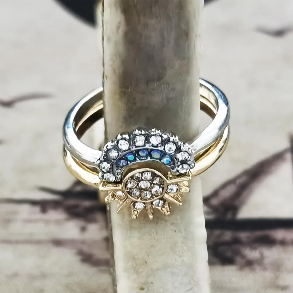 JczR.Y Sun And Moon Ring Set Size 6-11 Celestial Sun Moon Crescent Ring Set Gold Silver Shiny Sun Ring Blue Moon Ring for Women Men Fashion Rhinestone Crystal Rings Set Jewelry Gift
