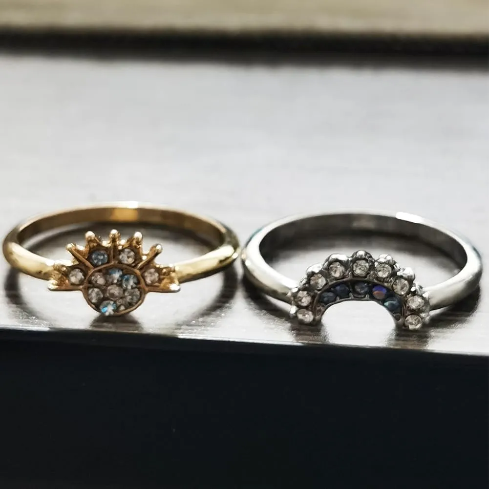 JczR.Y Sun And Moon Ring Set Size 6-11 Celestial Sun Moon Crescent Ring Set Gold Silver Shiny Sun Ring Blue Moon Ring for Women Men Fashion Rhinestone Crystal Rings Set Jewelry Gift
