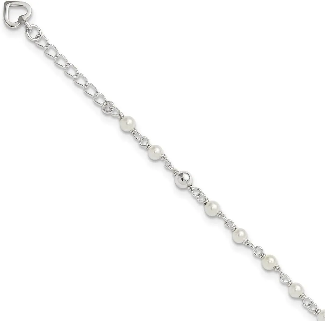 JewelryWeb 925 Sterling Silver Polished Freshwater Cultured Pearl Love Heart Anklet 10 Inch Spring-Ring-Anklet for Women
