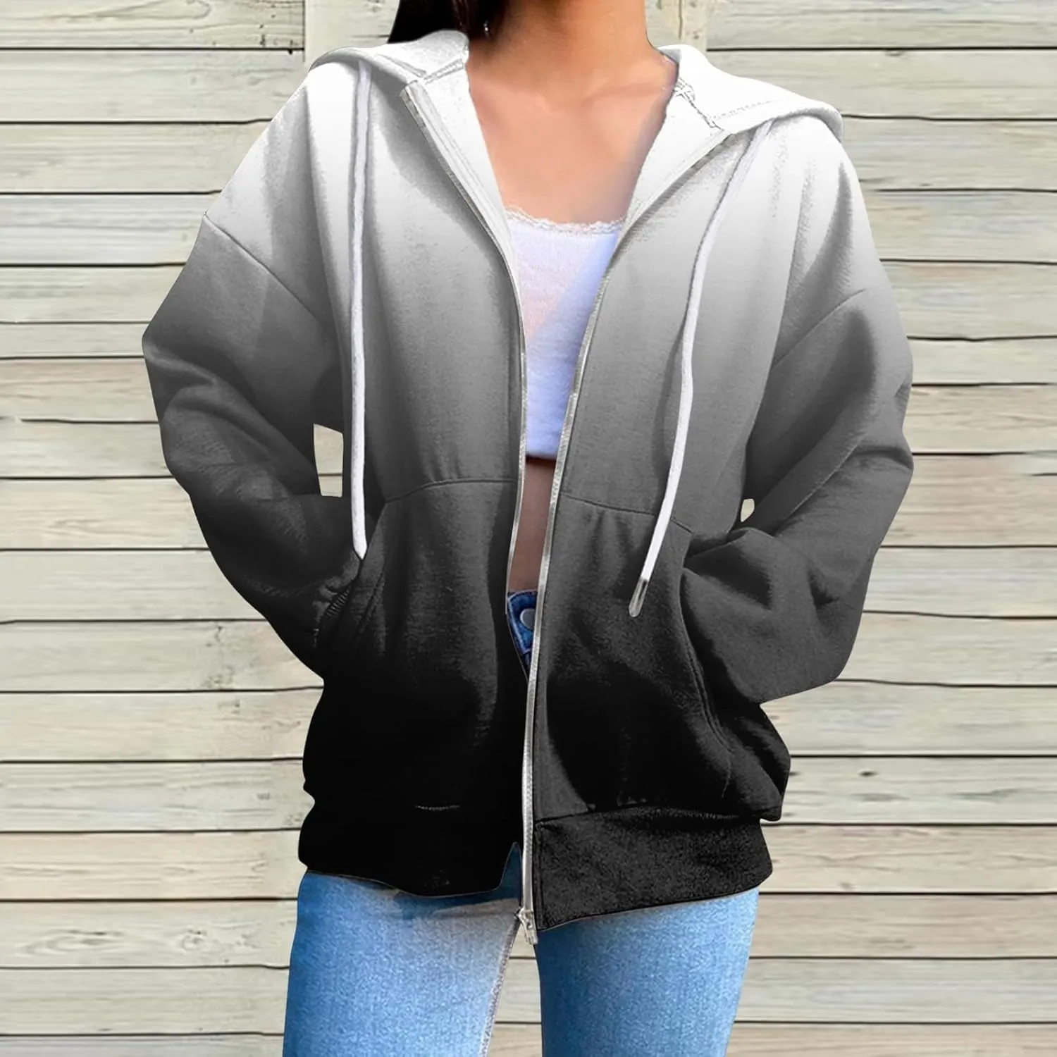 JiXiang Womens Lightweight Hoodies Full Zip Up Oversized Sweatshirts with Pockets Long Sleeve Thin Casual Zip Up Jackets