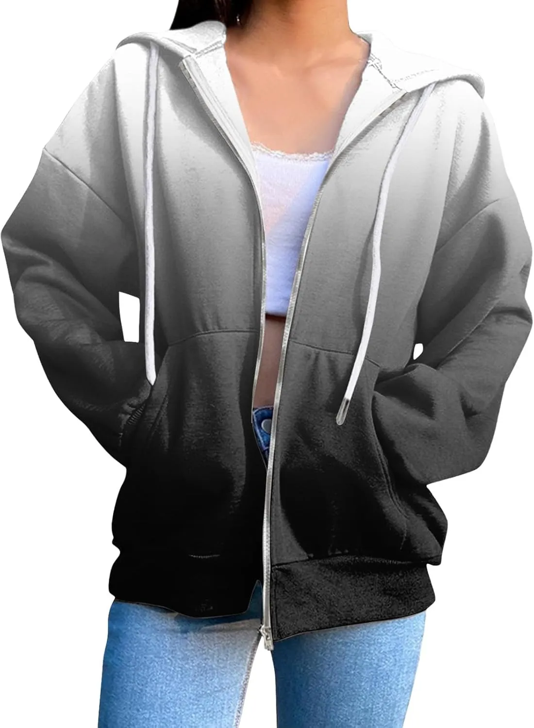 JiXiang Womens Lightweight Hoodies Full Zip Up Oversized Sweatshirts with Pockets Long Sleeve Thin Casual Zip Up Jackets