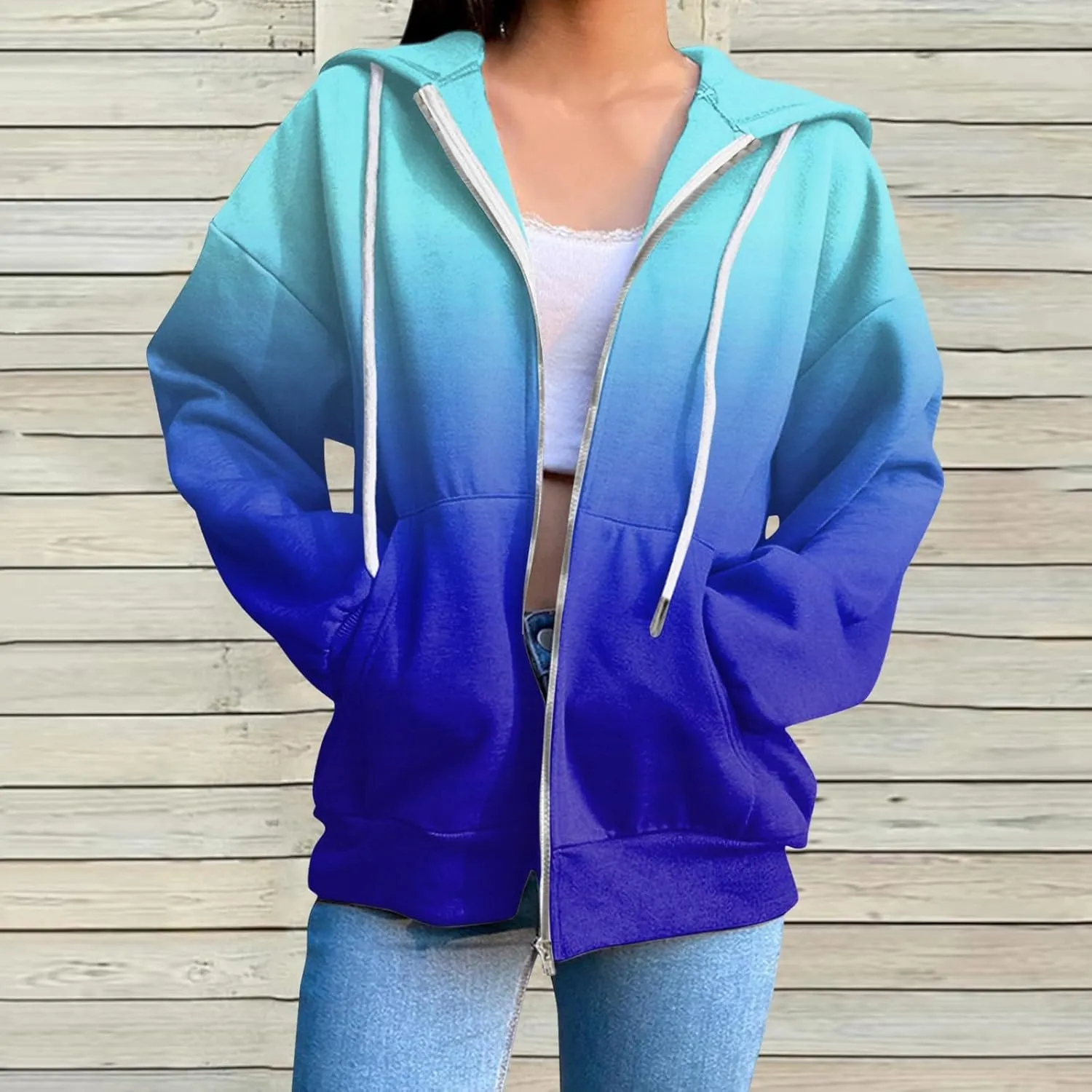 JiXiang Womens Lightweight Hoodies Full Zip Up Oversized Sweatshirts with Pockets Long Sleeve Thin Casual Zip Up Jackets