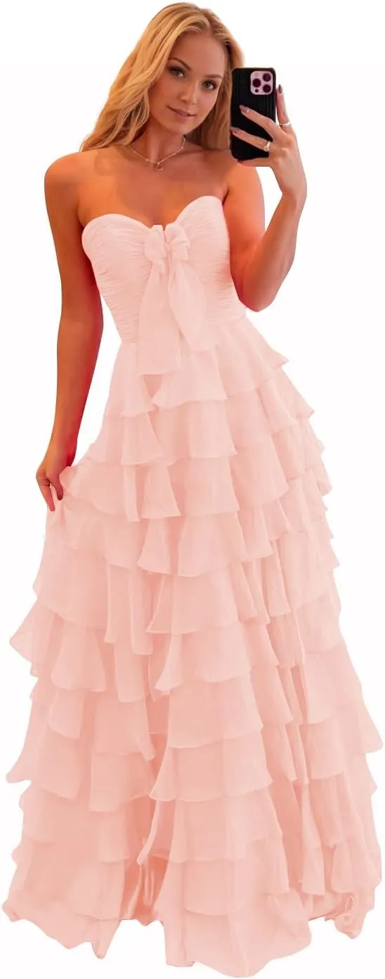 JNXIANGW Tiered Strapless Prom Dresses with Bow Chiffon Long Formal Evening Party Gown for Women Ruffle Corset Ball Gown