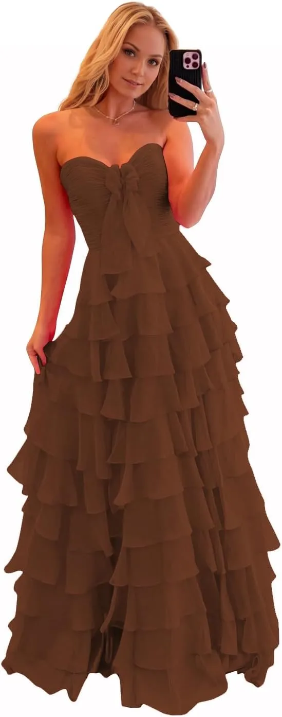 JNXIANGW Tiered Strapless Prom Dresses with Bow Chiffon Long Formal Evening Party Gown for Women Ruffle Corset Ball Gown