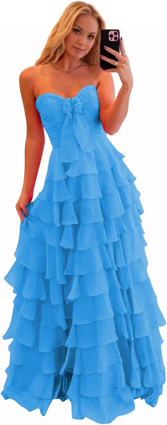JNXIANGW Tiered Strapless Prom Dresses with Bow Chiffon Long Formal Evening Party Gown for Women Ruffle Corset Ball Gown