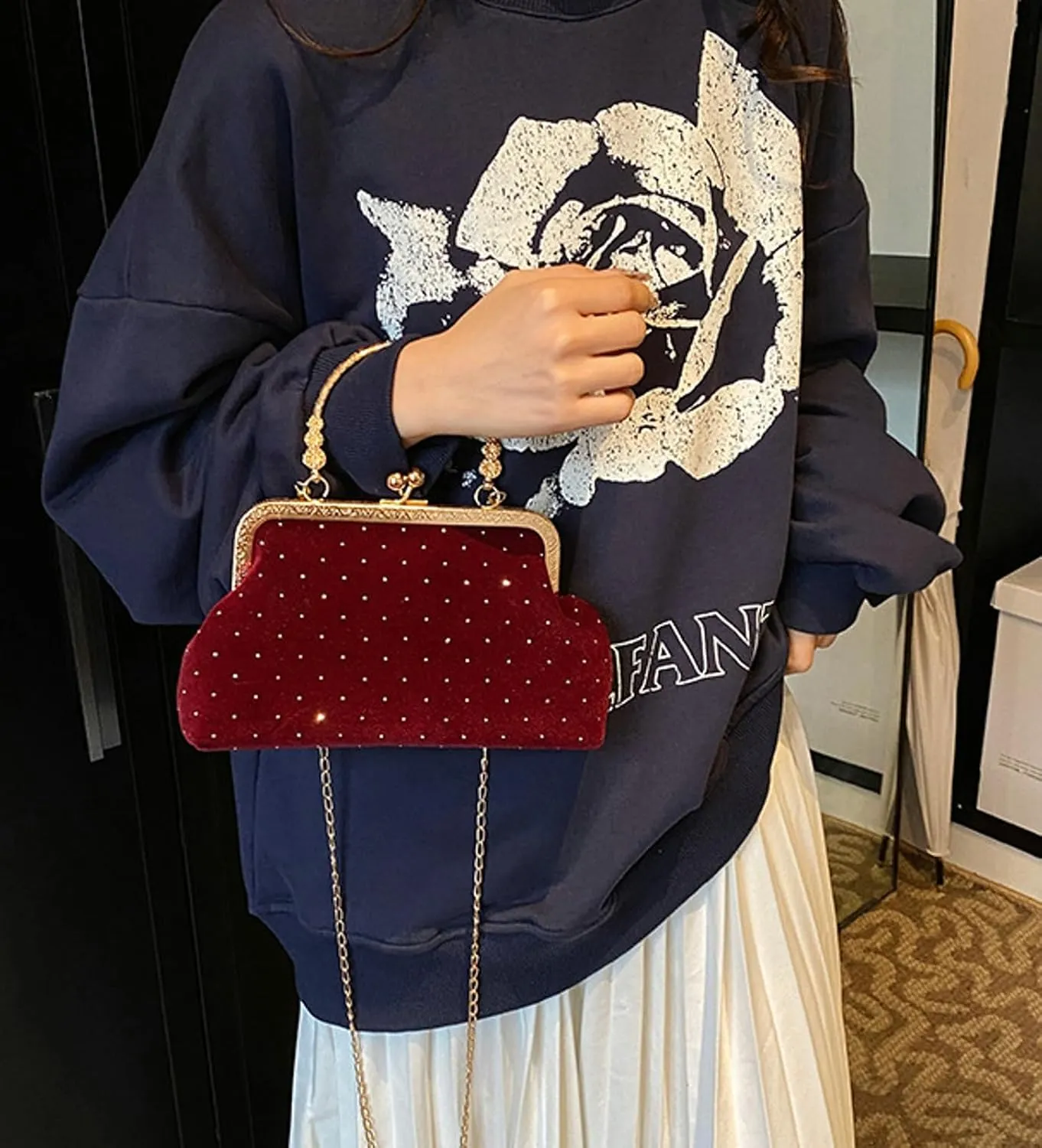 Kiss Lock Top Handle Handbag 2025 Trendy Evening Clutch Bag Women Retro Suede Purse Chain Crossbody Bag