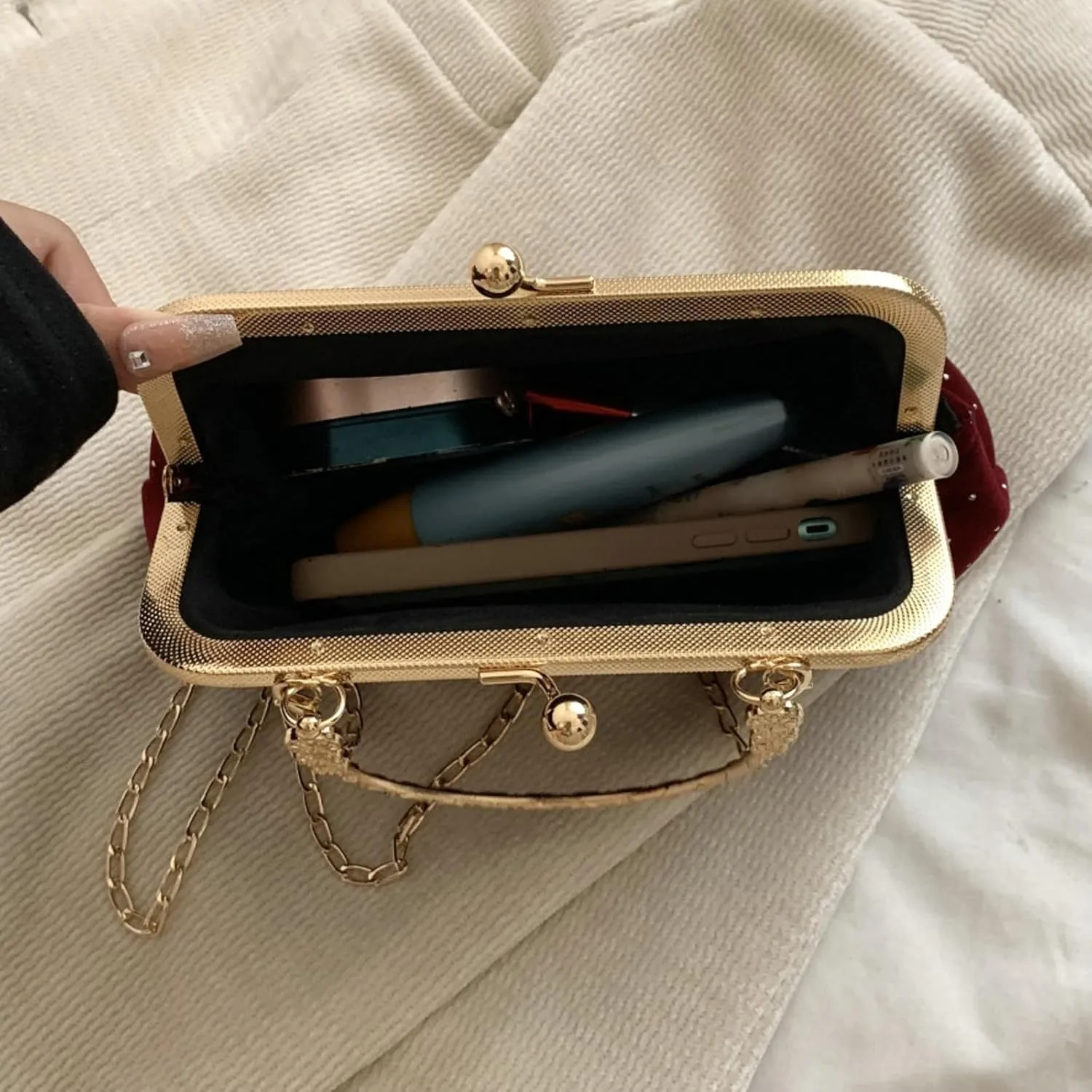 Kiss Lock Top Handle Handbag 2025 Trendy Evening Clutch Bag Women Retro Suede Purse Chain Crossbody Bag
