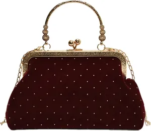 Kiss Lock Top Handle Handbag 2025 Trendy Evening Clutch Bag Women Retro Suede Purse Chain Crossbody Bag