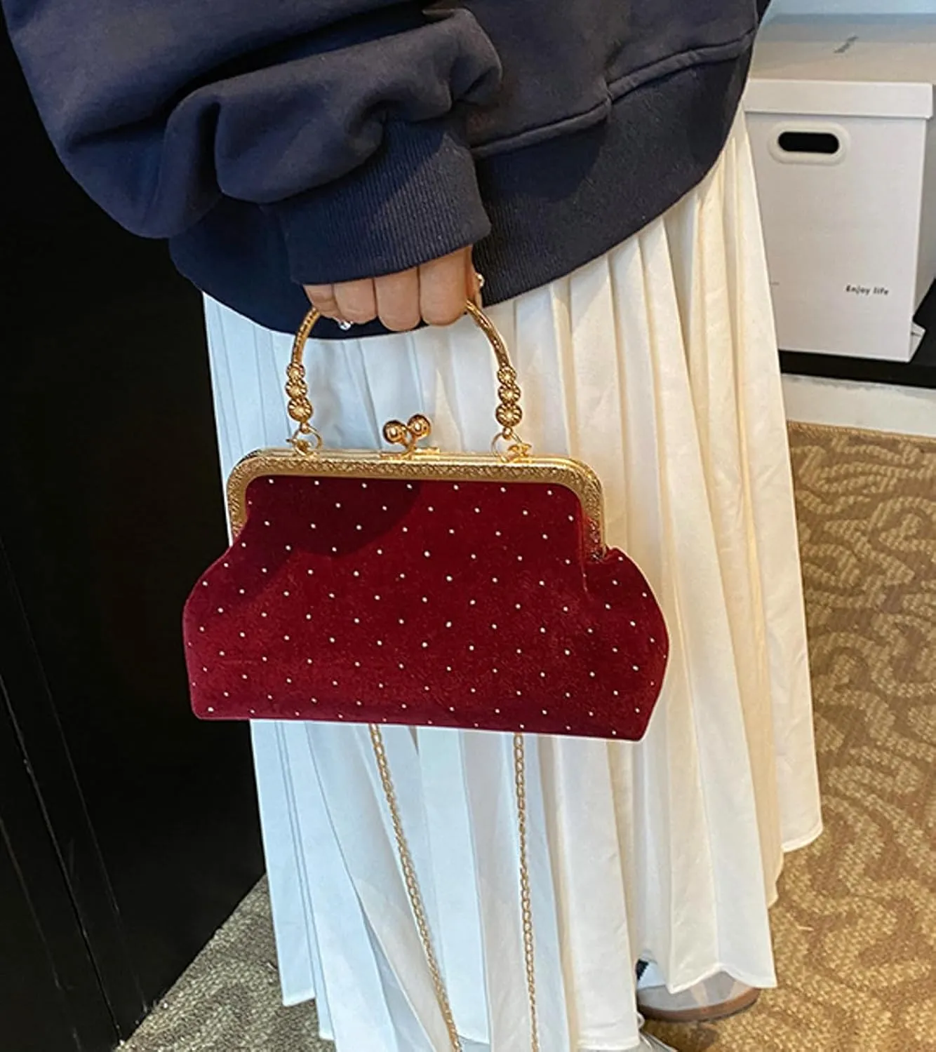 Kiss Lock Top Handle Handbag 2025 Trendy Evening Clutch Bag Women Retro Suede Purse Chain Crossbody Bag