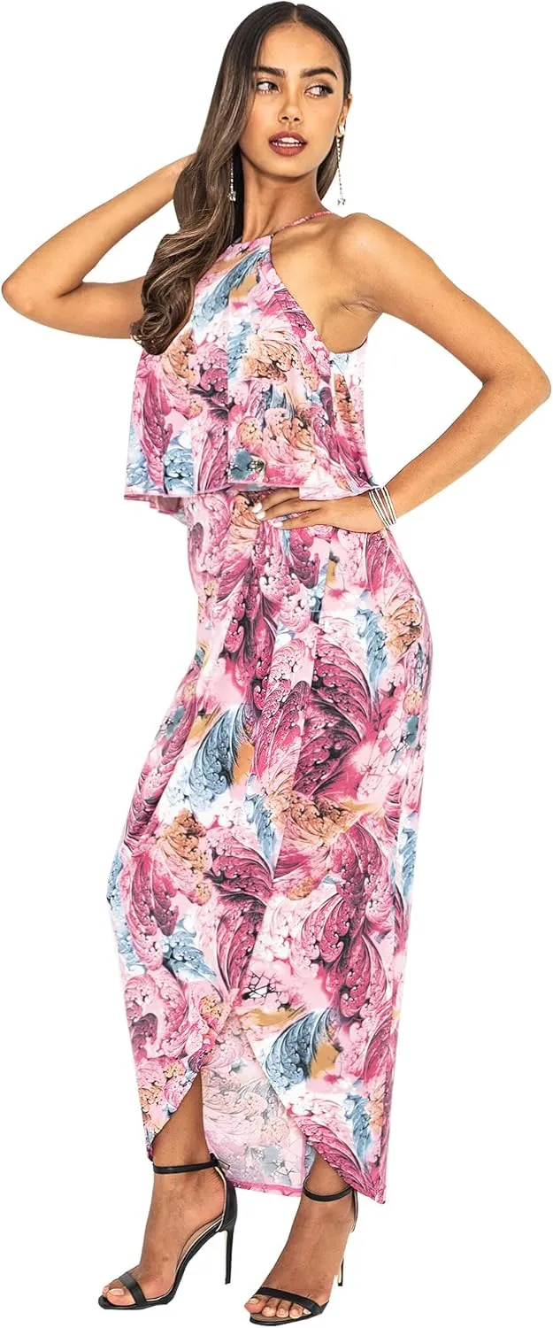 KOH KOH Womens Long Sexy Halter Damask Print Dressy Cocktail Maxi Dress