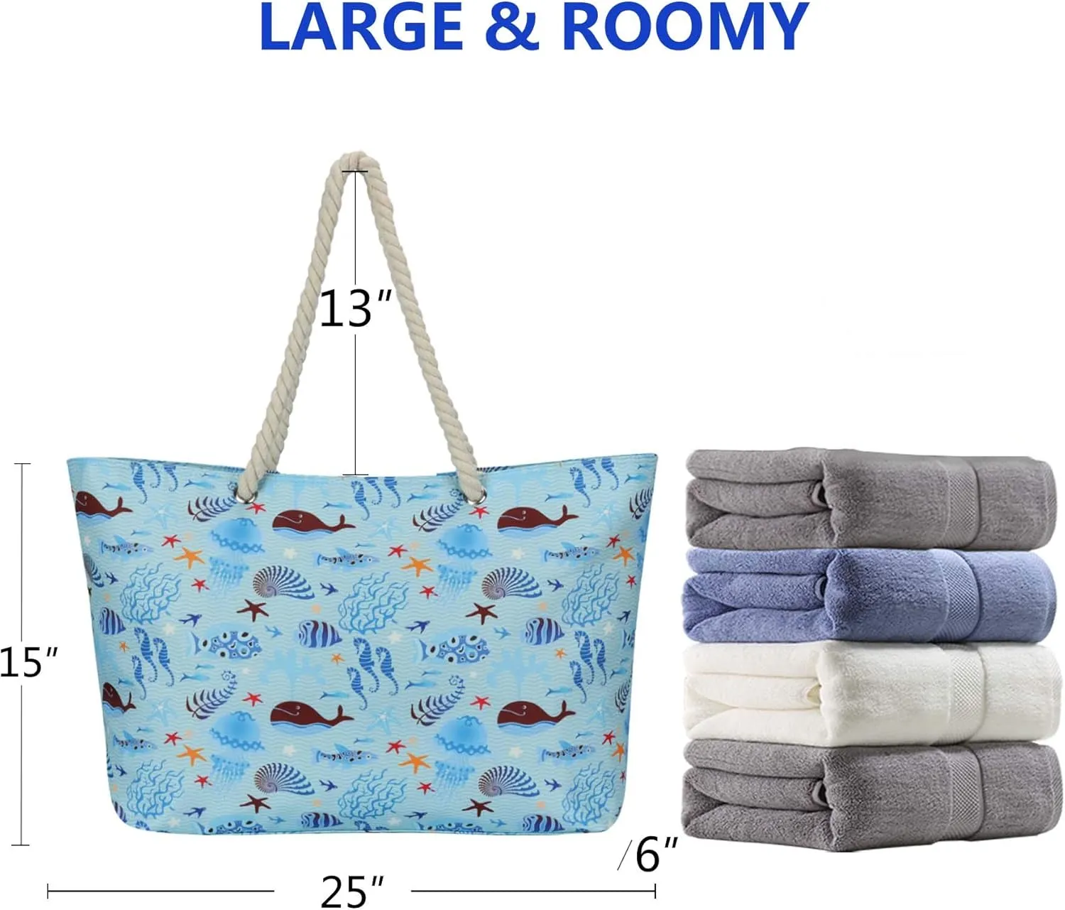 KUAK Beach Bags for Women Extra Large Beach Tote Bag with Top Zipper, 3 Inner Pockets Waterproof Sandproof Swim Pool Bag