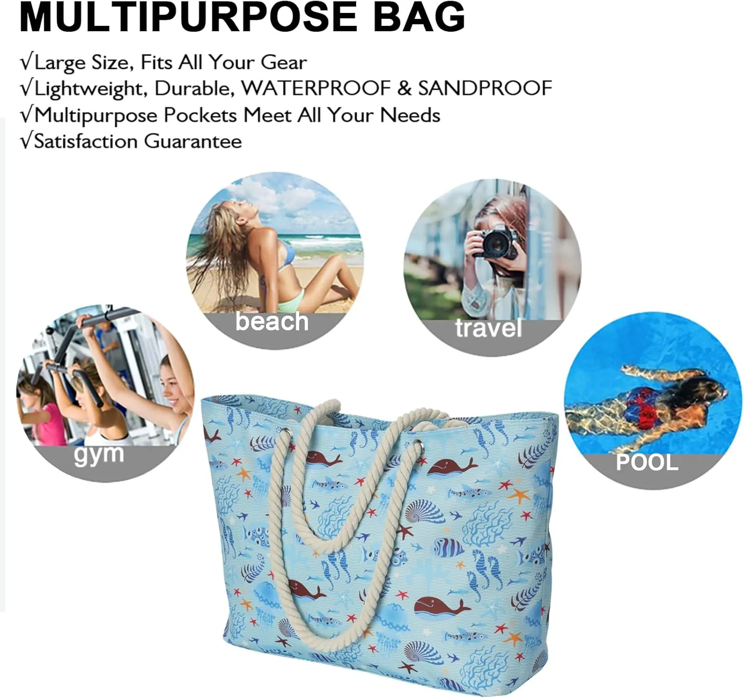 KUAK Beach Bags for Women Extra Large Beach Tote Bag with Top Zipper, 3 Inner Pockets Waterproof Sandproof Swim Pool Bag