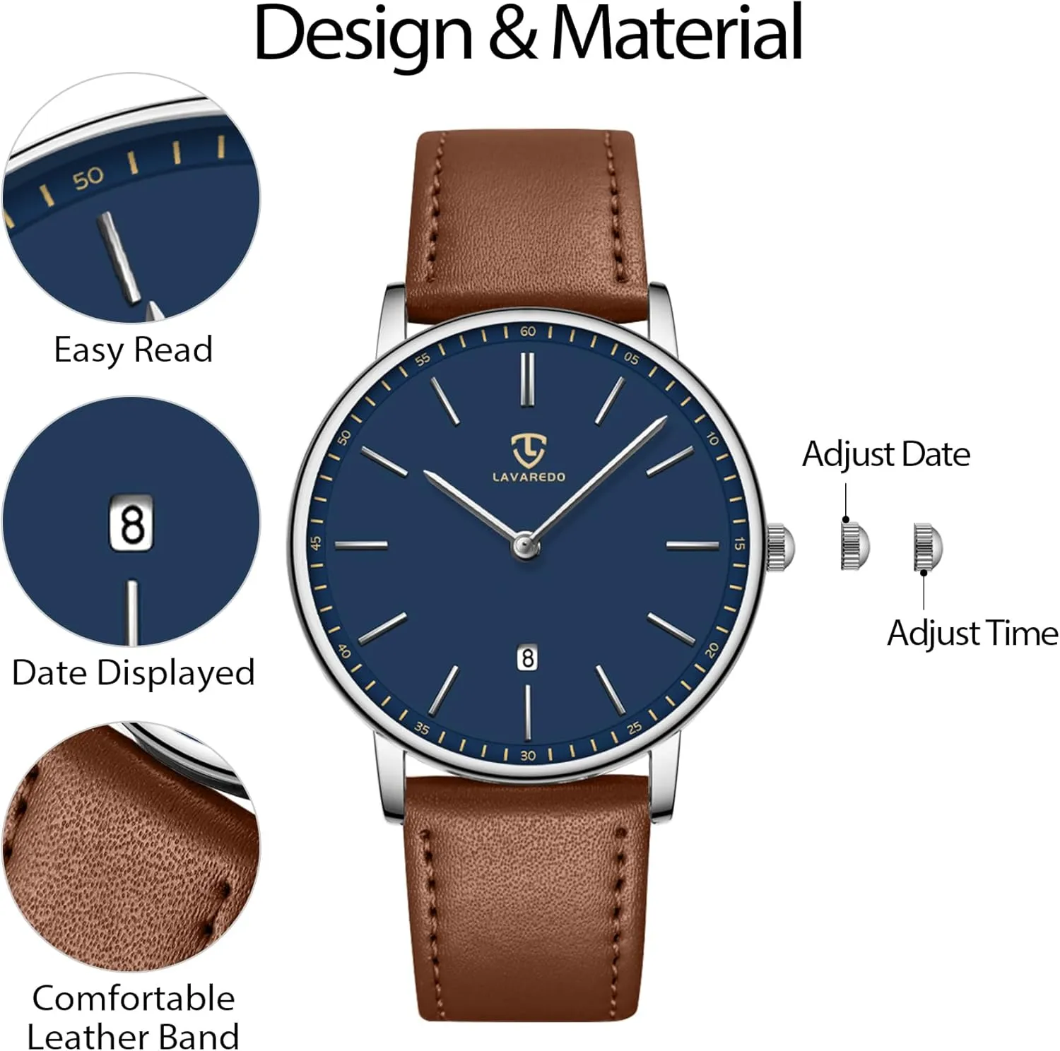 L LAVAREDO Watch for Men, Extremely Thin Mens Watches Minimalist Analog Men's Leather Wrist Watches with Time/Date, Birthday Gift for Men Boyfriend