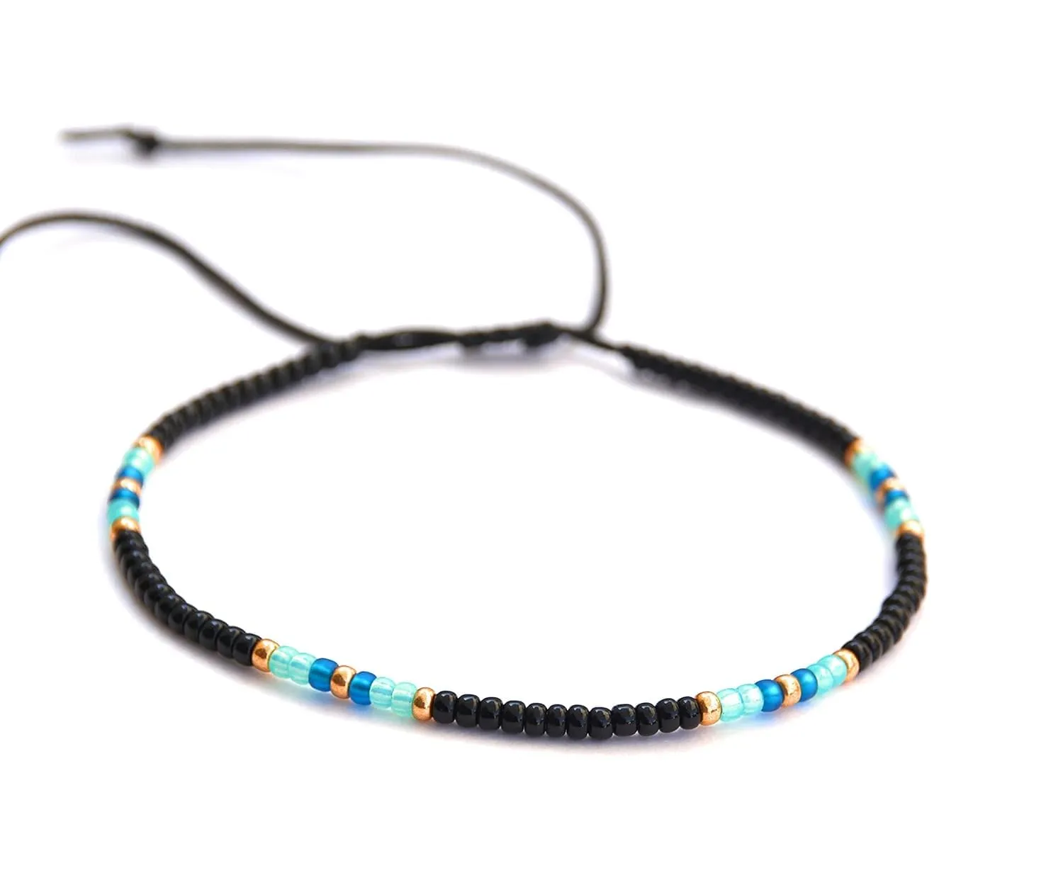 Large Anklet for Women, Plus Size Adjustable Beaded String Ankle Bracelet, Unique Boho Bohemian Hippie Style Black Multicolor Waterproof Anklet, 10 inches, 11 inches, Handmade by Tribes (M-L)