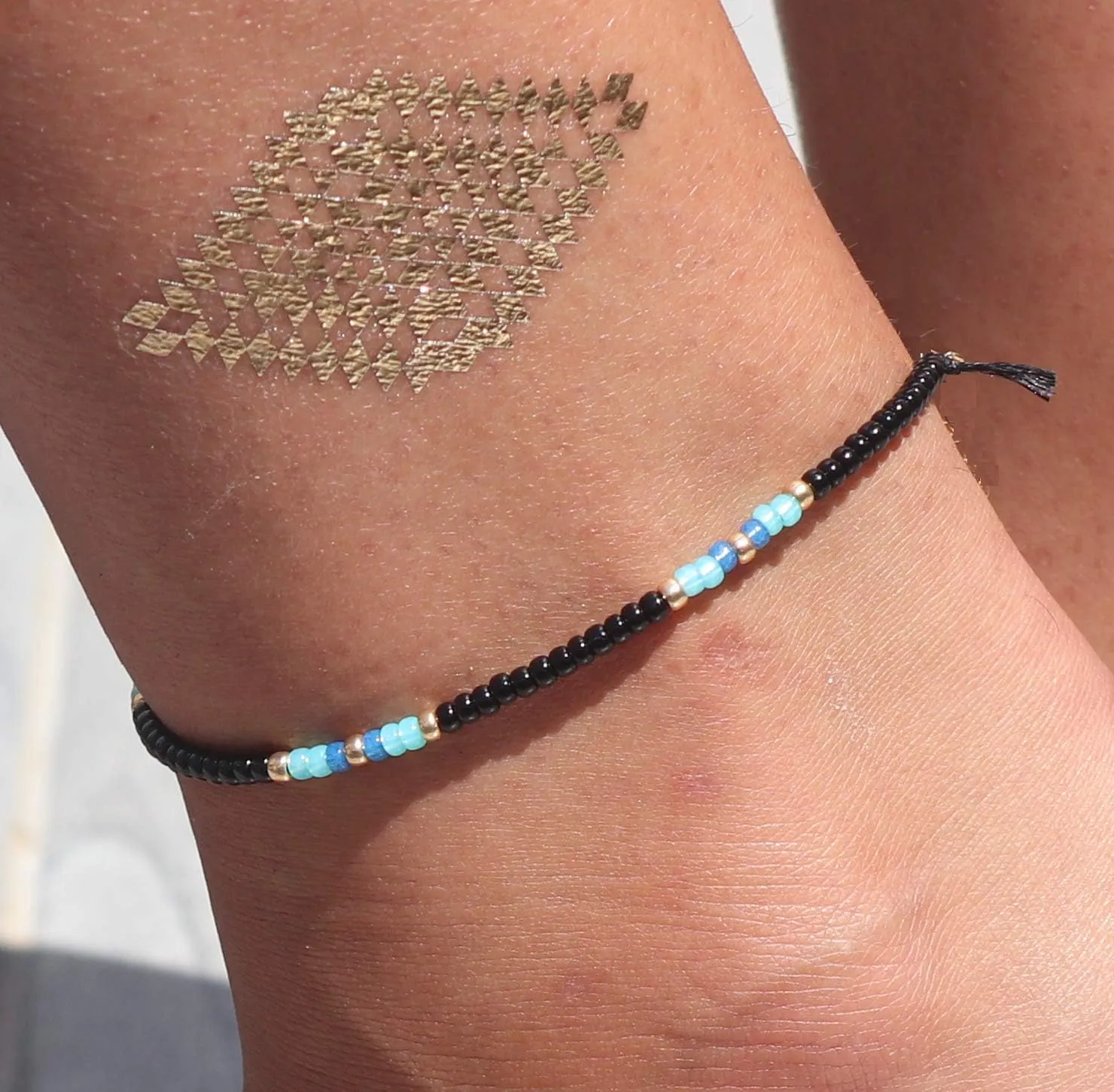 Large Anklet for Women, Plus Size Adjustable Beaded String Ankle Bracelet, Unique Boho Bohemian Hippie Style Black Multicolor Waterproof Anklet, 10 inches, 11 inches, Handmade by Tribes (M-L)