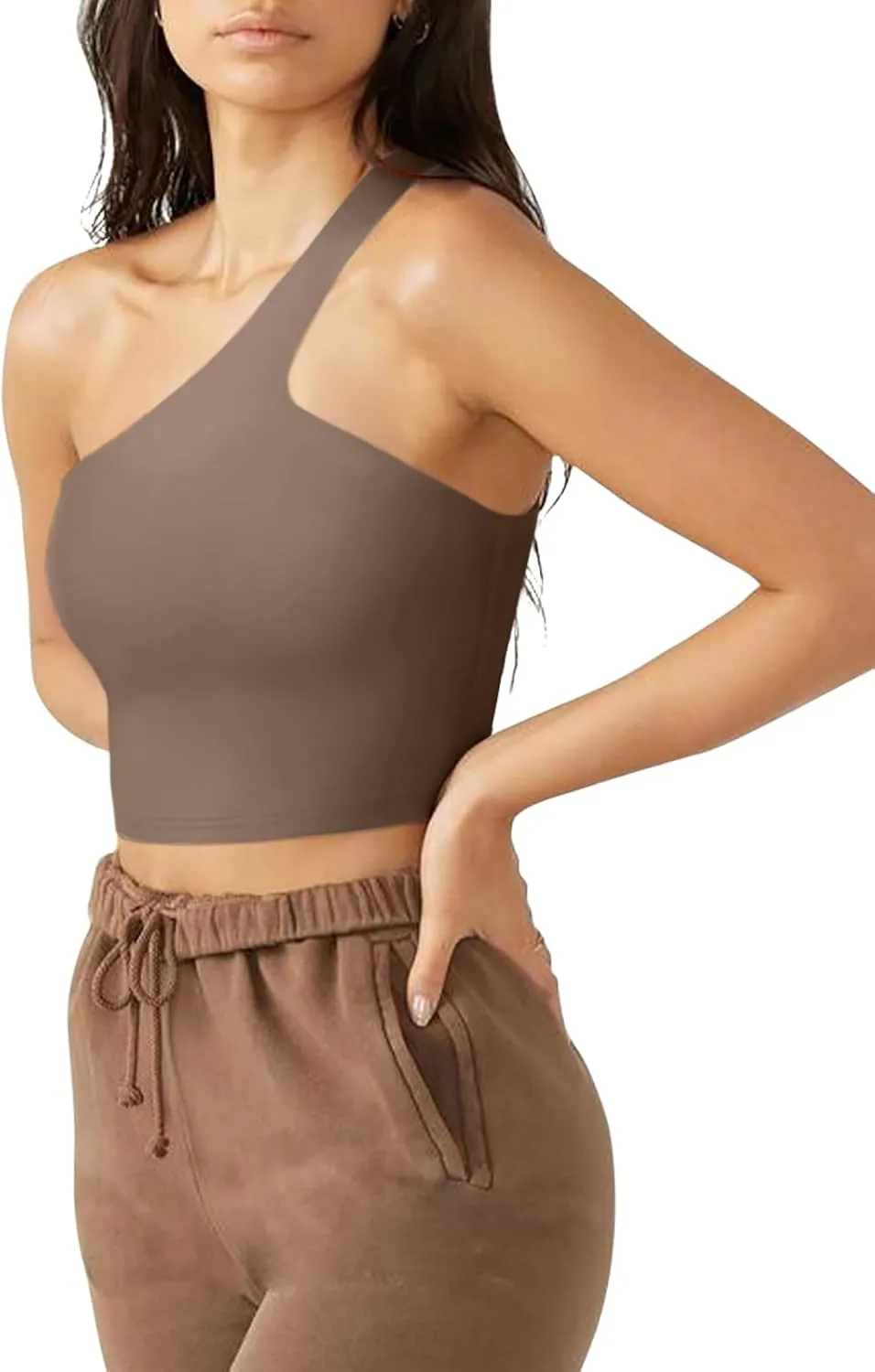 LASLULU Womens Sexy One Shoulder Sports Bra Sleeveless Workout Yoga Bra Backless Summer Crop Tank Tops