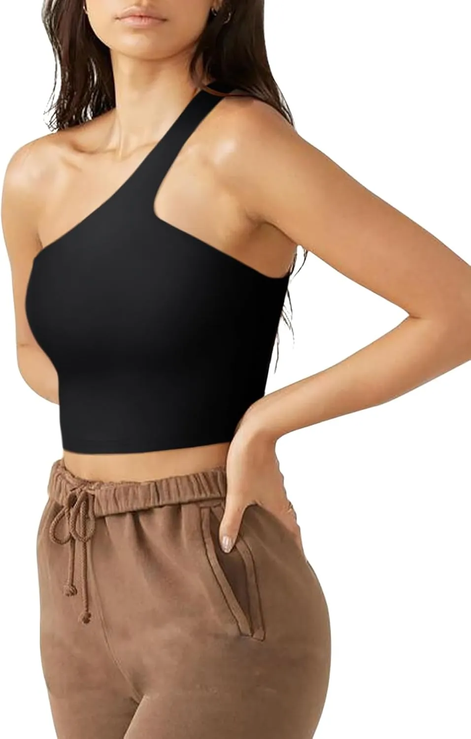 LASLULU Womens Sexy One Shoulder Sports Bra Sleeveless Workout Yoga Bra Backless Summer Crop Tank Tops
