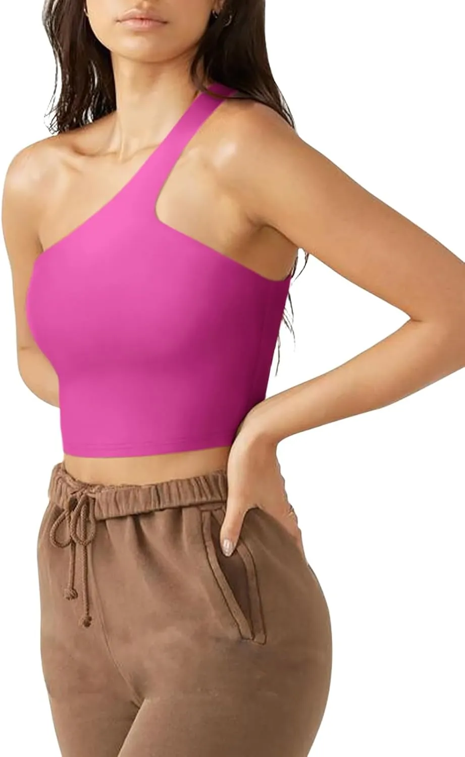LASLULU Womens Sexy One Shoulder Sports Bra Sleeveless Workout Yoga Bra Backless Summer Crop Tank Tops