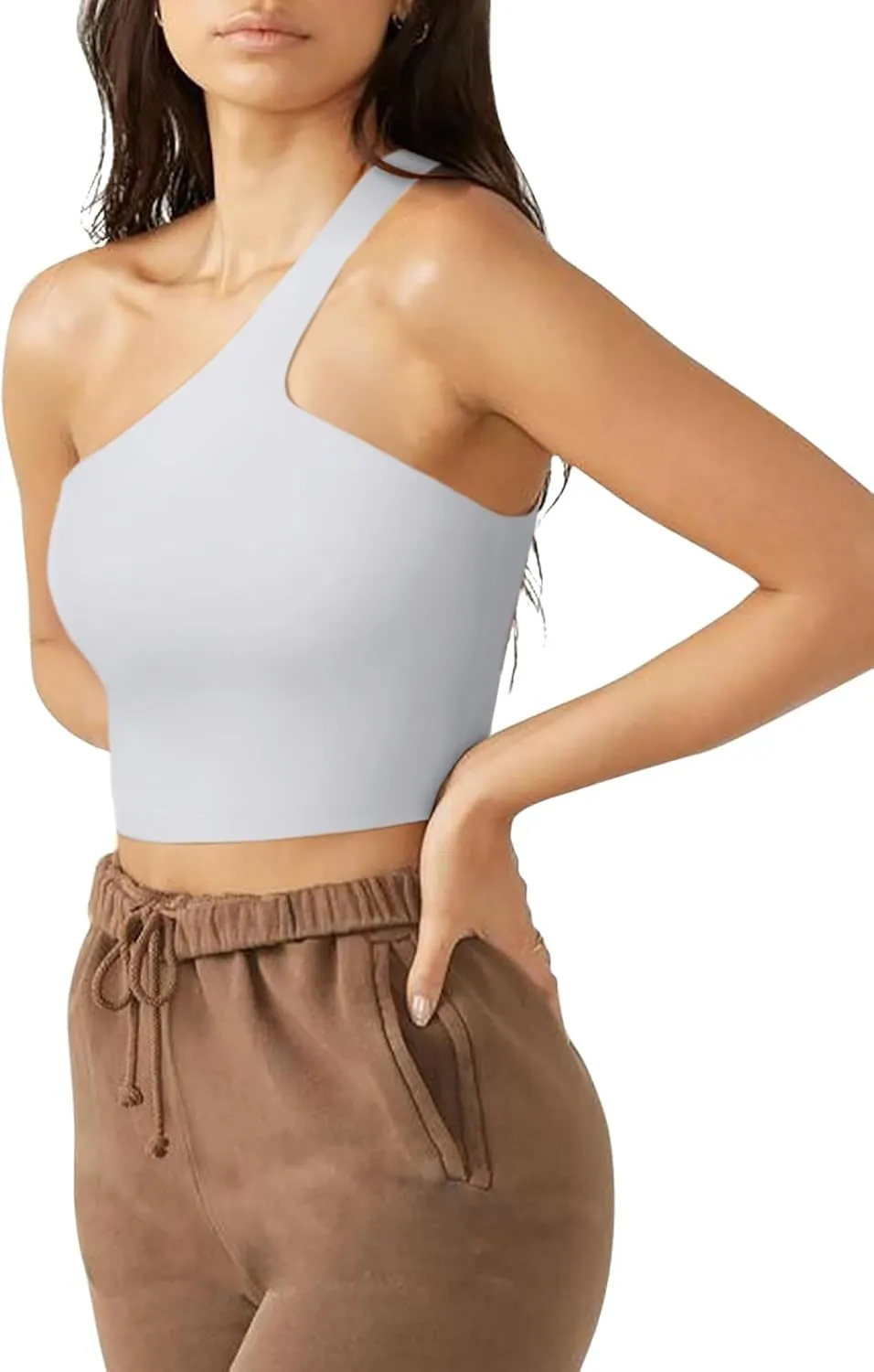 LASLULU Womens Sexy One Shoulder Sports Bra Sleeveless Workout Yoga Bra Backless Summer Crop Tank Tops