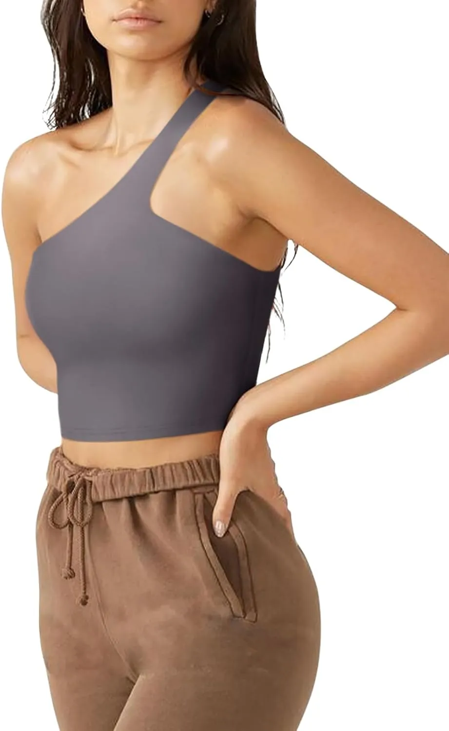 LASLULU Womens Sexy One Shoulder Sports Bra Sleeveless Workout Yoga Bra Backless Summer Crop Tank Tops