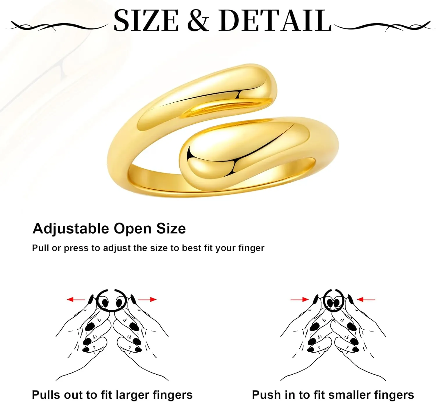 Lcherry Gold-Plated Chunky Open Stackable Rings Dome Teardrop Rings for Women Bold Statement Ring