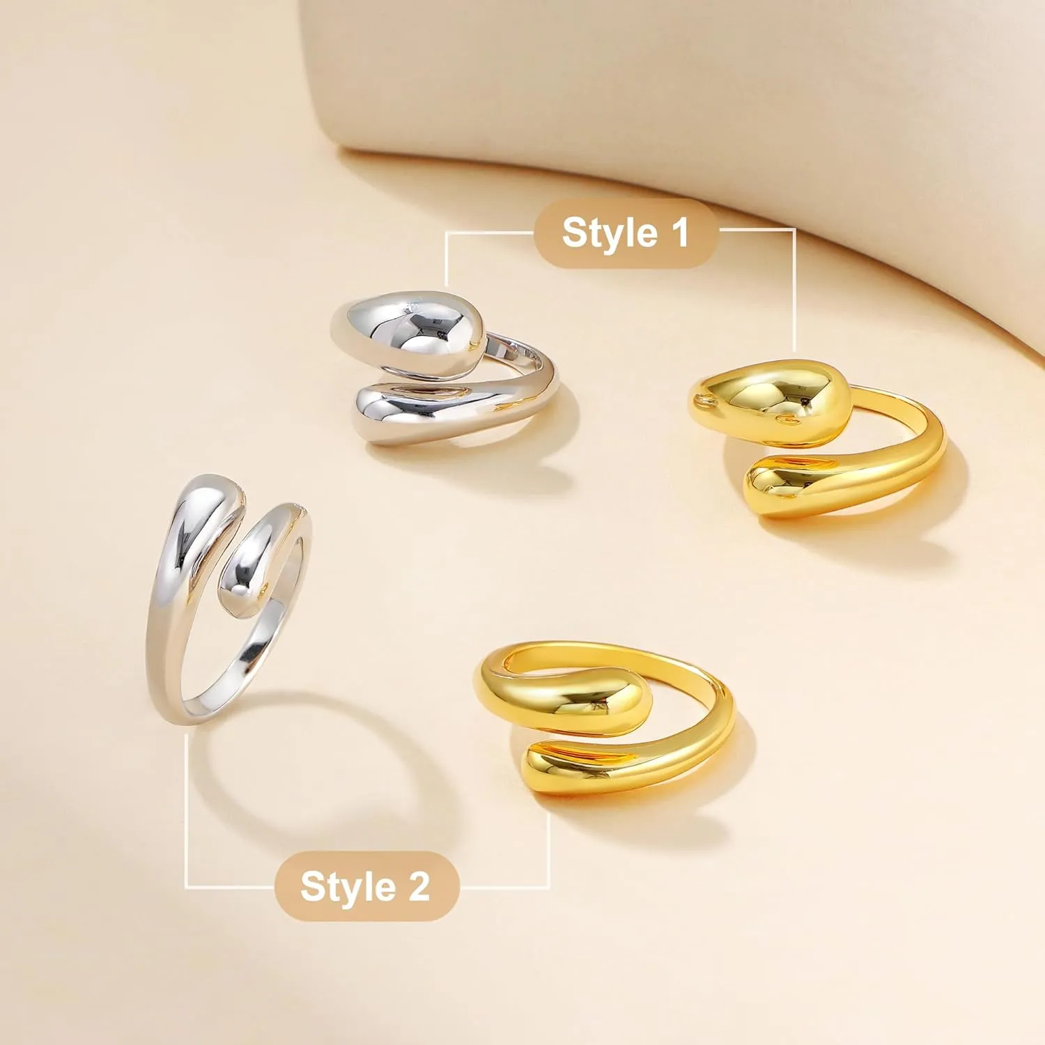 Lcherry Gold-Plated Chunky Open Stackable Rings Dome Teardrop Rings for Women Bold Statement Ring