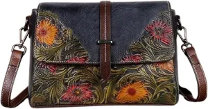 Leather Crossbody Bag for Women  Embossed Floral Shoulder Bag with Adjustable Strap, Satchel Style Leather Purse