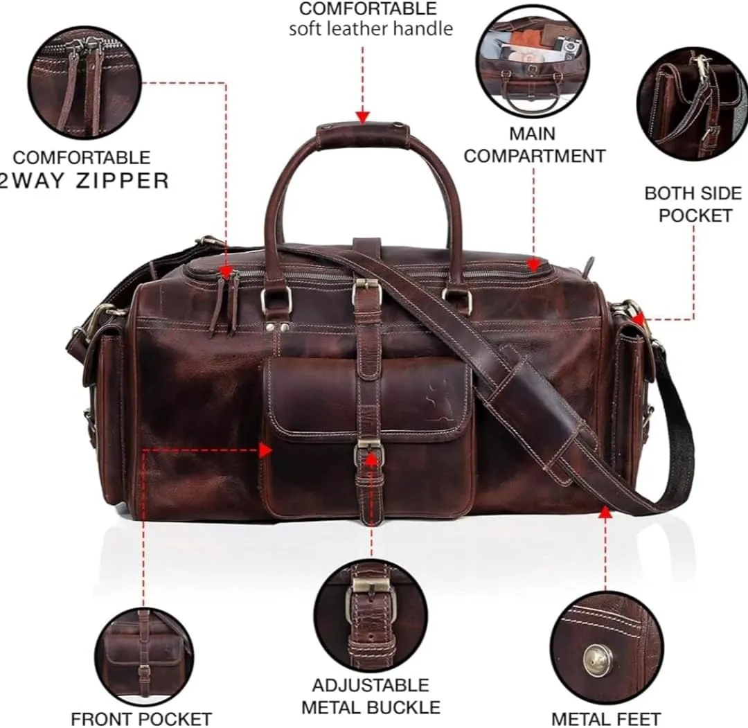 Leather duffle Weekender bags inner canvas overnight travel carry on tote bag satchel with adjustable luggage strape sleeve for men & women.Works great as a Gym Bag (dark brown, 28''L x 11''W x 12''H)