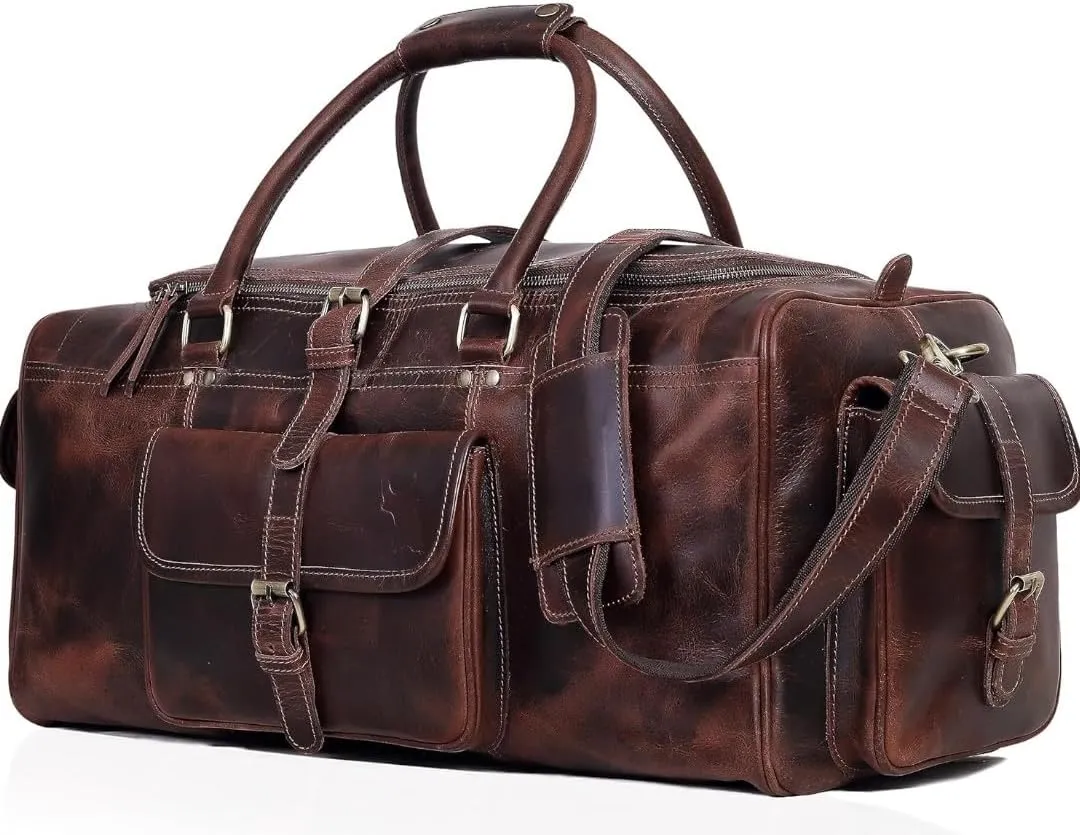 Leather duffle Weekender bags inner canvas overnight travel carry on tote bag satchel with adjustable luggage strape sleeve for men & women.Works great as a Gym Bag (dark brown, 28''L x 11''W x 12''H)