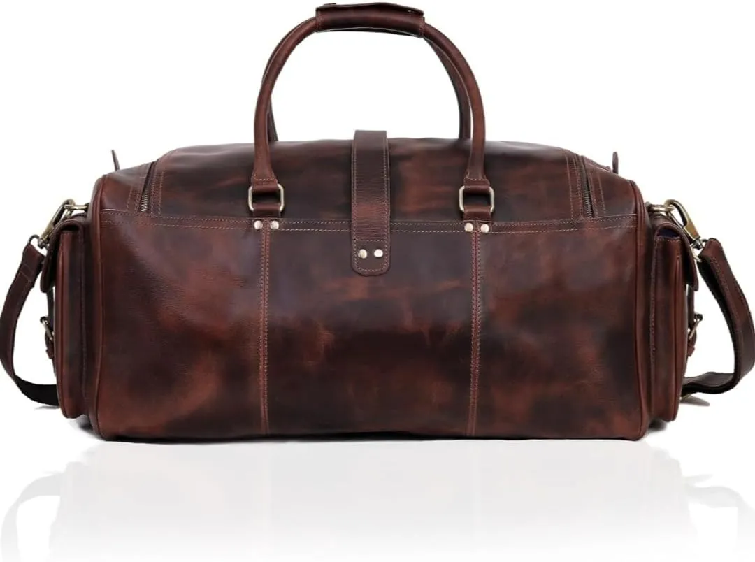 Leather duffle Weekender bags inner canvas overnight travel carry on tote bag satchel with adjustable luggage strape sleeve for men & women.Works great as a Gym Bag (dark brown, 28''L x 11''W x 12''H)