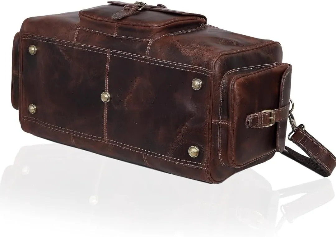 Leather duffle Weekender bags inner canvas overnight travel carry on tote bag satchel with adjustable luggage strape sleeve for men & women.Works great as a Gym Bag (dark brown, 28''L x 11''W x 12''H)