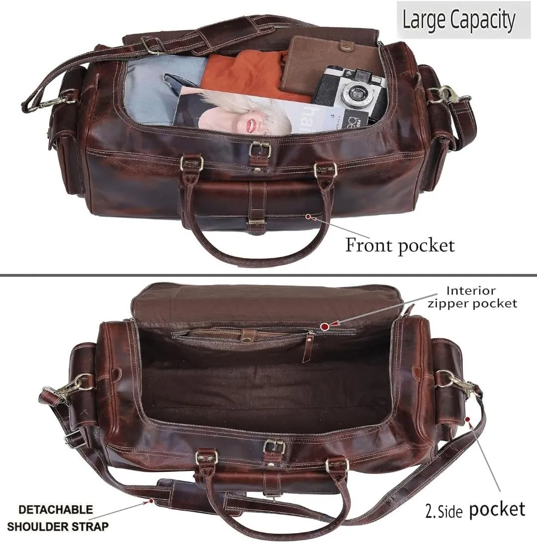 Leather duffle Weekender bags inner canvas overnight travel carry on tote bag satchel with adjustable luggage strape sleeve for men & women.Works great as a Gym Bag (dark brown, 28''L x 11''W x 12''H)