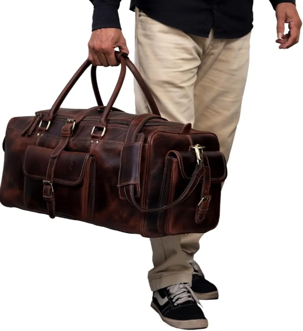 Leather duffle Weekender bags inner canvas overnight travel carry on tote bag satchel with adjustable luggage strape sleeve for men & women.Works great as a Gym Bag (dark brown, 28''L x 11''W x 12''H)