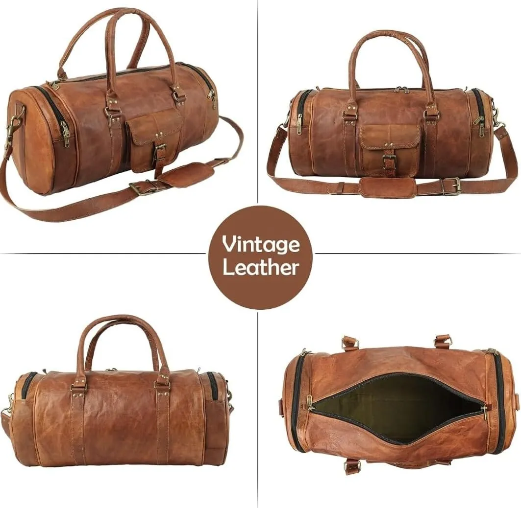 Leather duffle Weekender bags inner canvas overnight travel carry on tote bag satchel with adjustable luggage strape sleeve for men & women.Works great as a Gym Bag (light brown, 21''L x 9''W x 9''H)