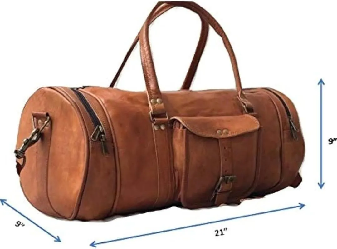 Leather duffle Weekender bags inner canvas overnight travel carry on tote bag satchel with adjustable luggage strape sleeve for men & women.Works great as a Gym Bag (light brown, 21''L x 9''W x 9''H)