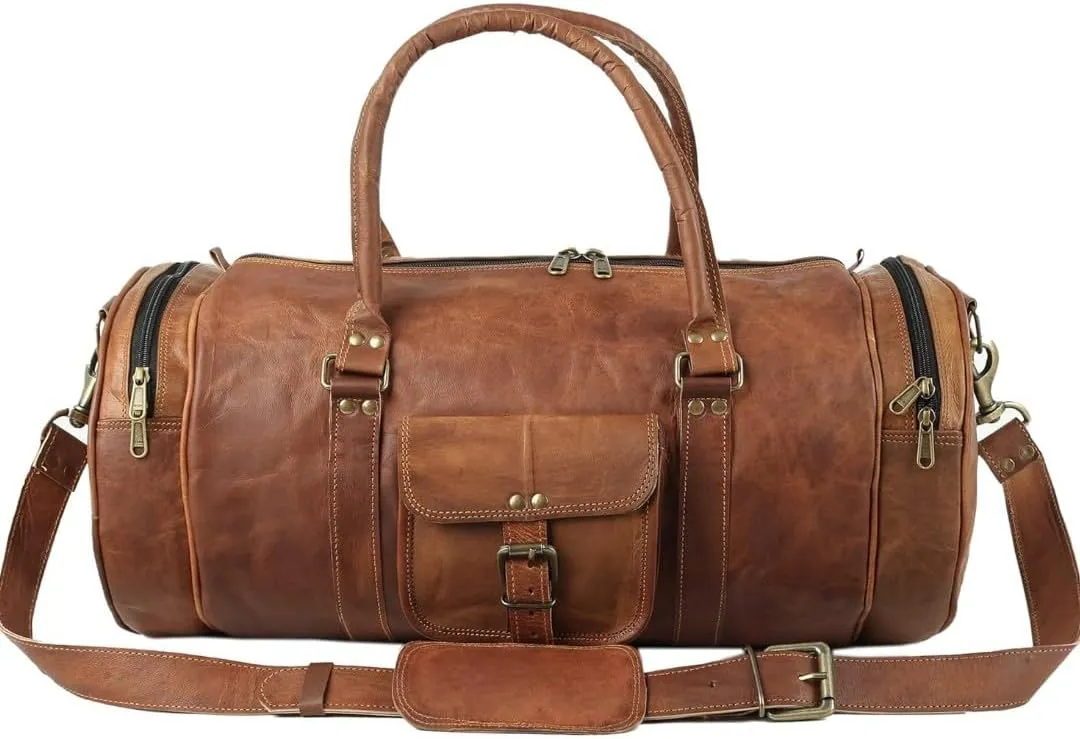 Leather duffle Weekender bags inner canvas overnight travel carry on tote bag satchel with adjustable luggage strape sleeve for men & women.Works great as a Gym Bag (light brown, 21''L x 9''W x 9''H)