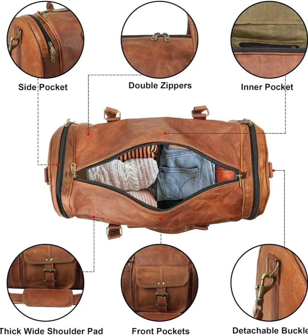 Leather duffle Weekender bags inner canvas overnight travel carry on tote bag satchel with adjustable luggage strape sleeve for men & women.Works great as a Gym Bag (light brown, 21''L x 9''W x 9''H)