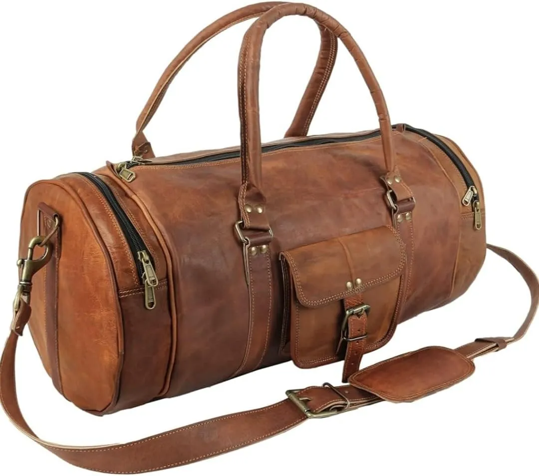 Leather duffle Weekender bags inner canvas overnight travel carry on tote bag satchel with adjustable luggage strape sleeve for men & women.Works great as a Gym Bag (light brown, 21''L x 9''W x 9''H)