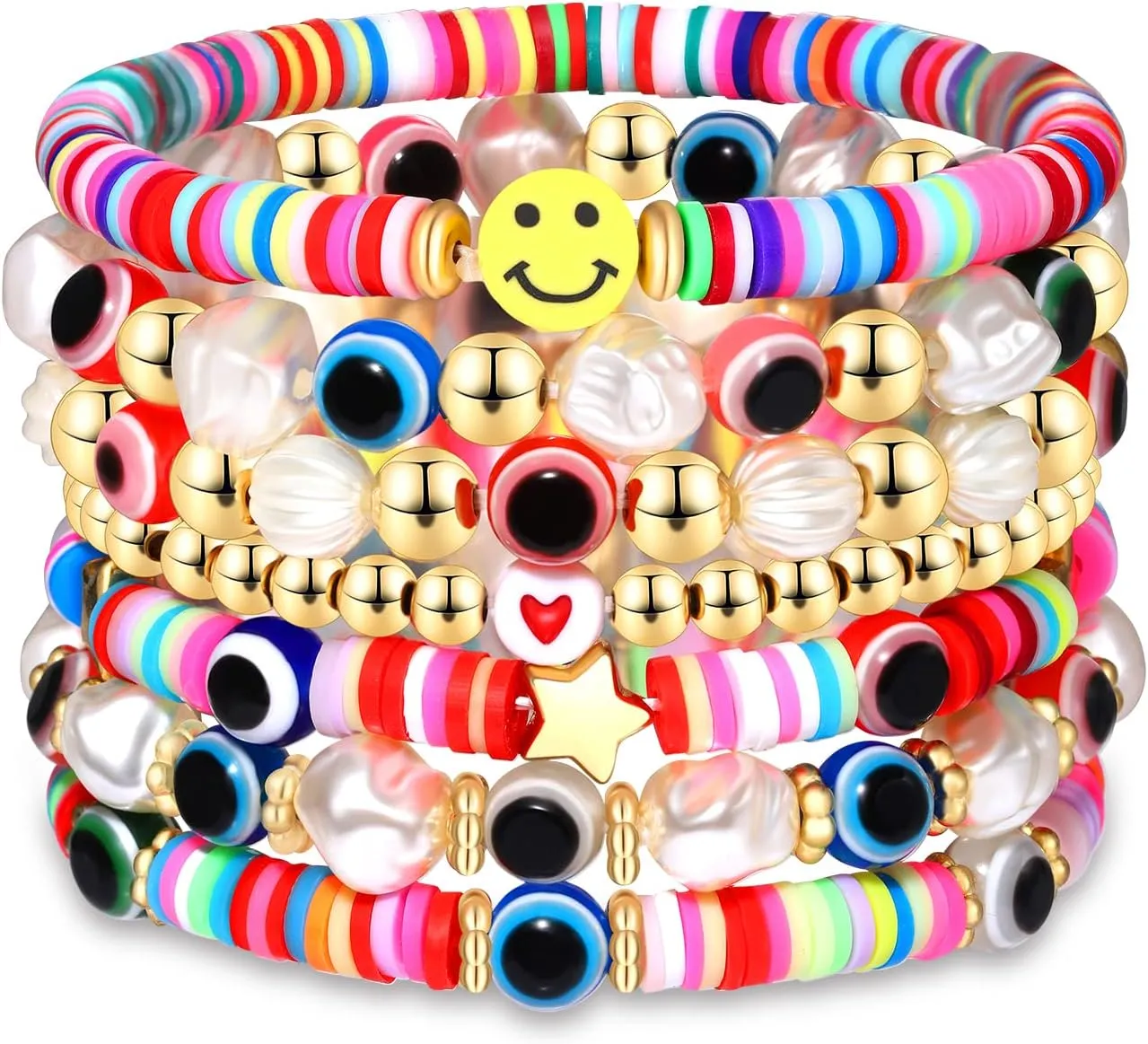 LENOOCLE Surfer Heishi Beaded Bracelets Preppy Evil Eye Beaded Polymer Clay Stackable Handmade Y2K Bracelets Bohemian Summer Beach Jewelry Set Gifts for Women
