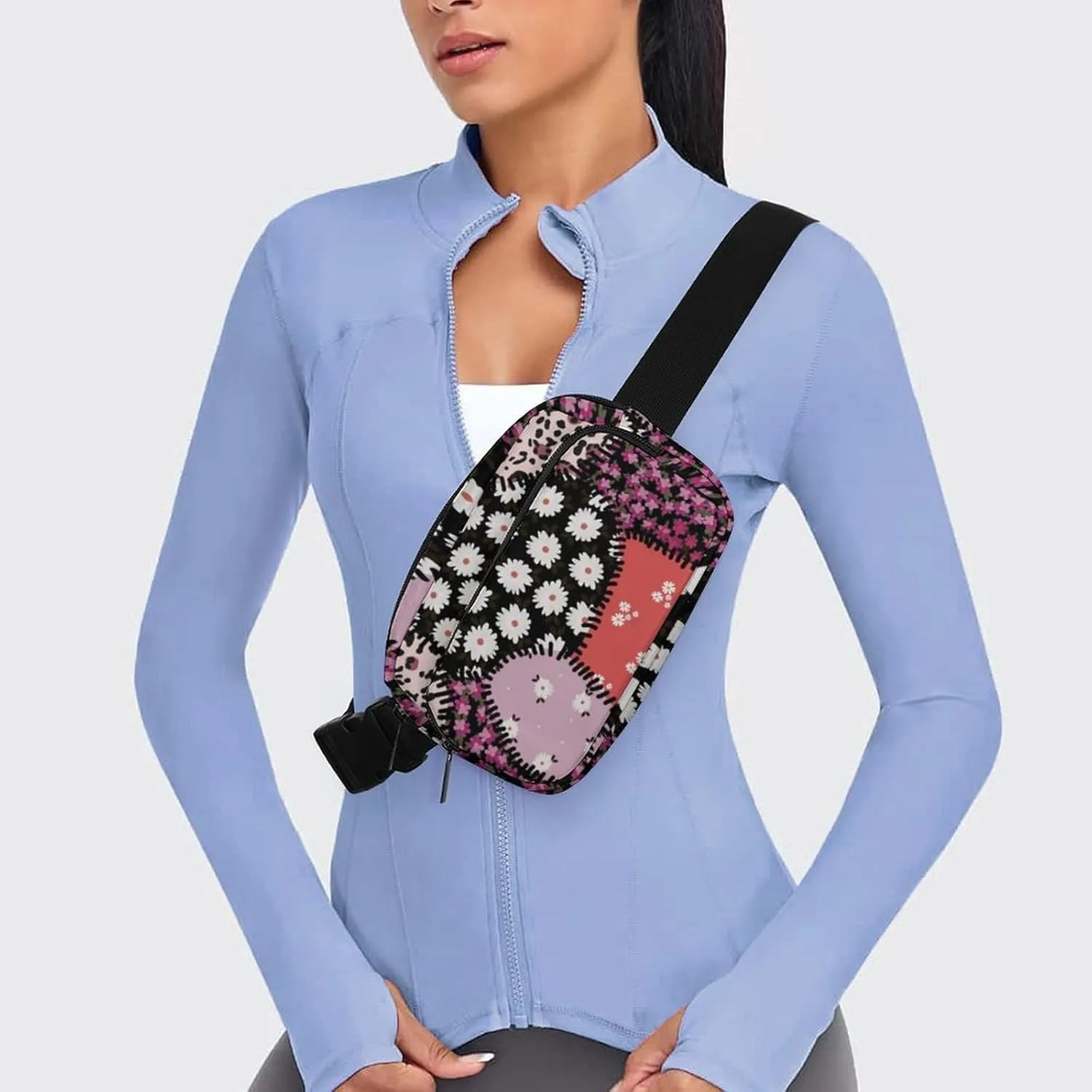 Leopard Print Fanny Pack Belt Bag with Adjustable Strap Animal Print Flower Patchwork Waist Packs Small Pouch Crossbody Bags for Hiking Running Cycling Traveling