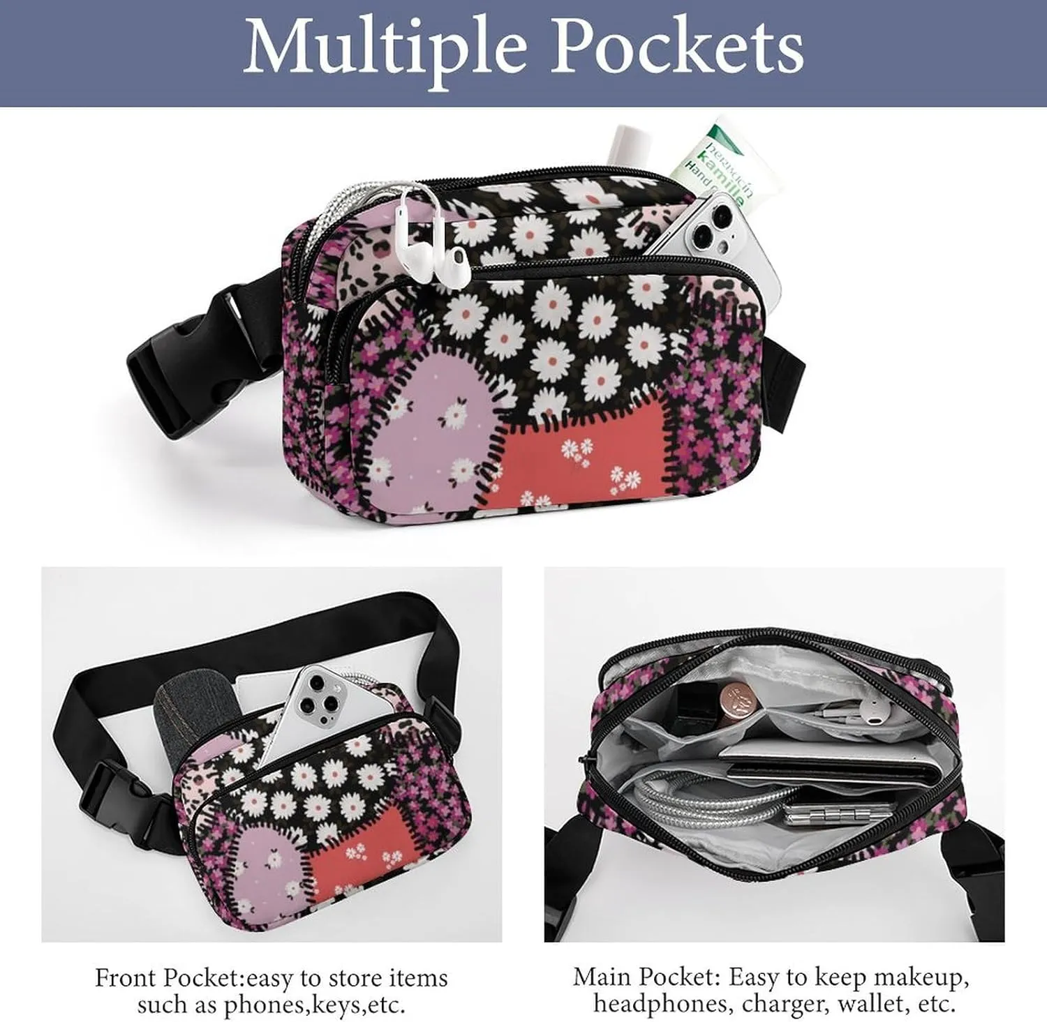Leopard Print Fanny Pack Belt Bag with Adjustable Strap Animal Print Flower Patchwork Waist Packs Small Pouch Crossbody Bags for Hiking Running Cycling Traveling