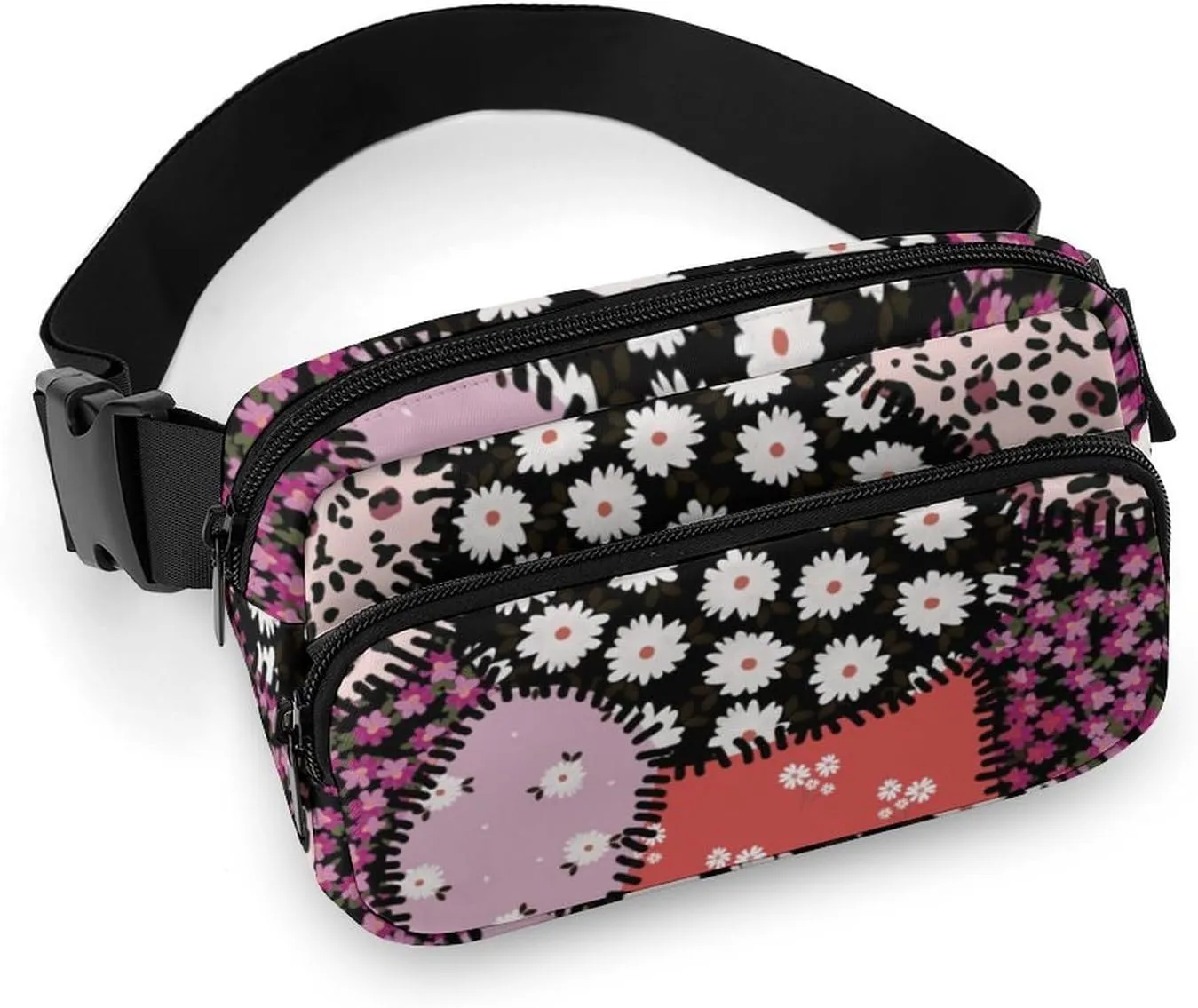 Leopard Print Fanny Pack Belt Bag with Adjustable Strap Animal Print Flower Patchwork Waist Packs Small Pouch Crossbody Bags for Hiking Running Cycling Traveling