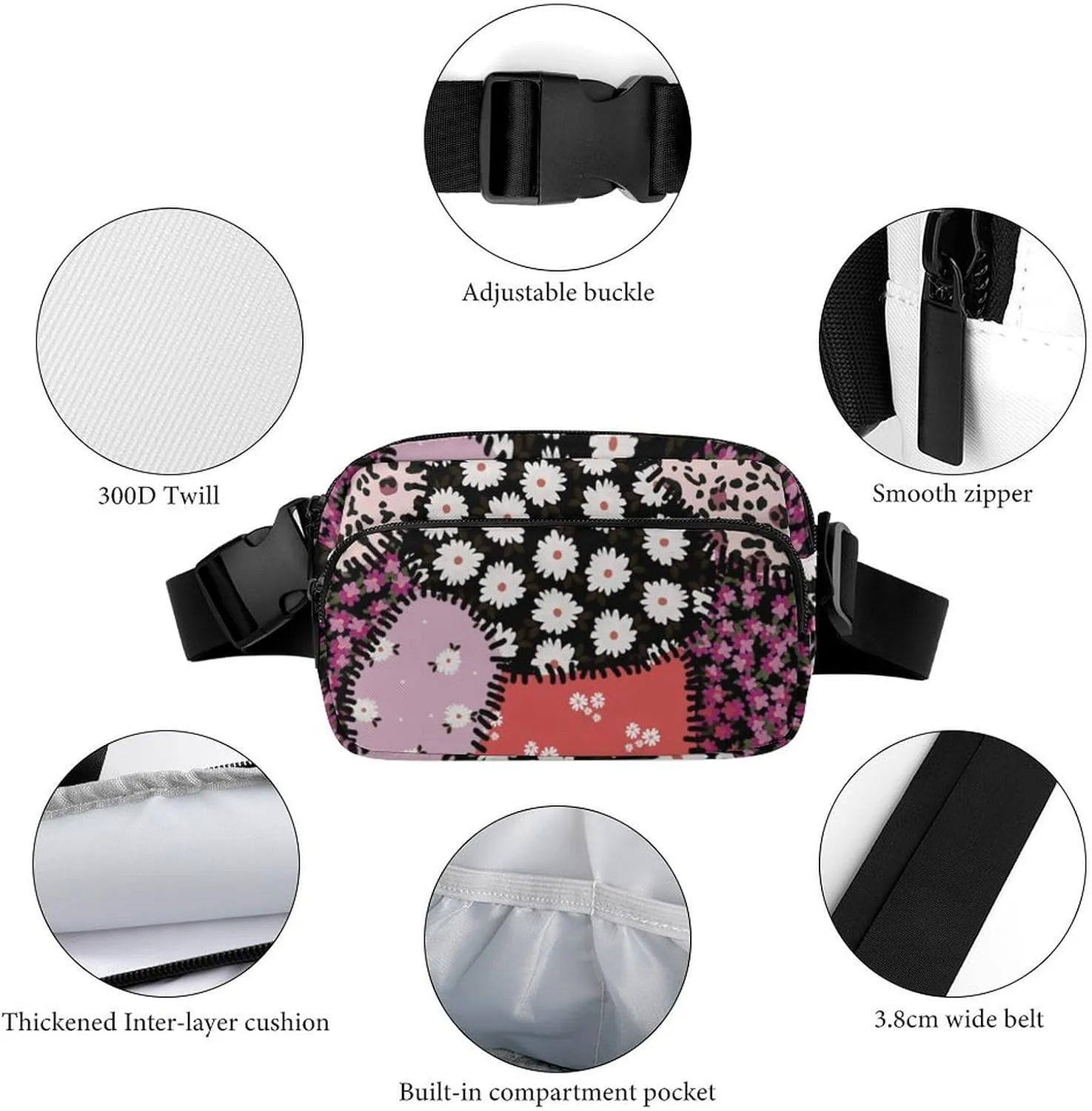 Leopard Print Fanny Pack Belt Bag with Adjustable Strap Animal Print Flower Patchwork Waist Packs Small Pouch Crossbody Bags for Hiking Running Cycling Traveling