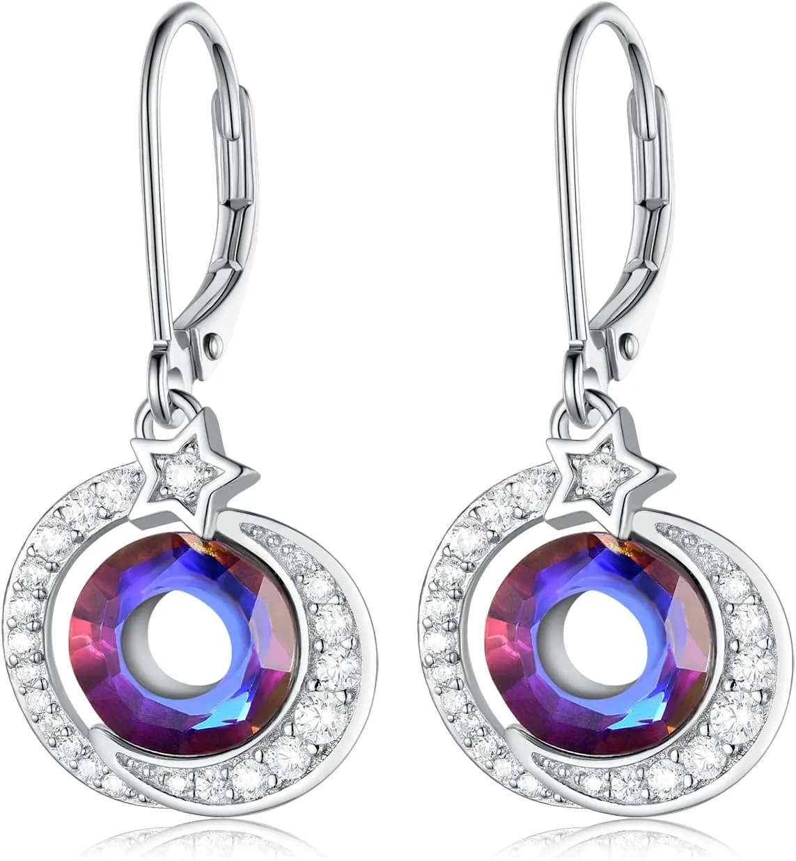 Leverback Drop Earrings for Women,925 Sterling Silver Circle Austrian Crystal Crescent Moon Earrings with 5A Cubic Zirconia, Sterling Silver, Cubic Zirconia