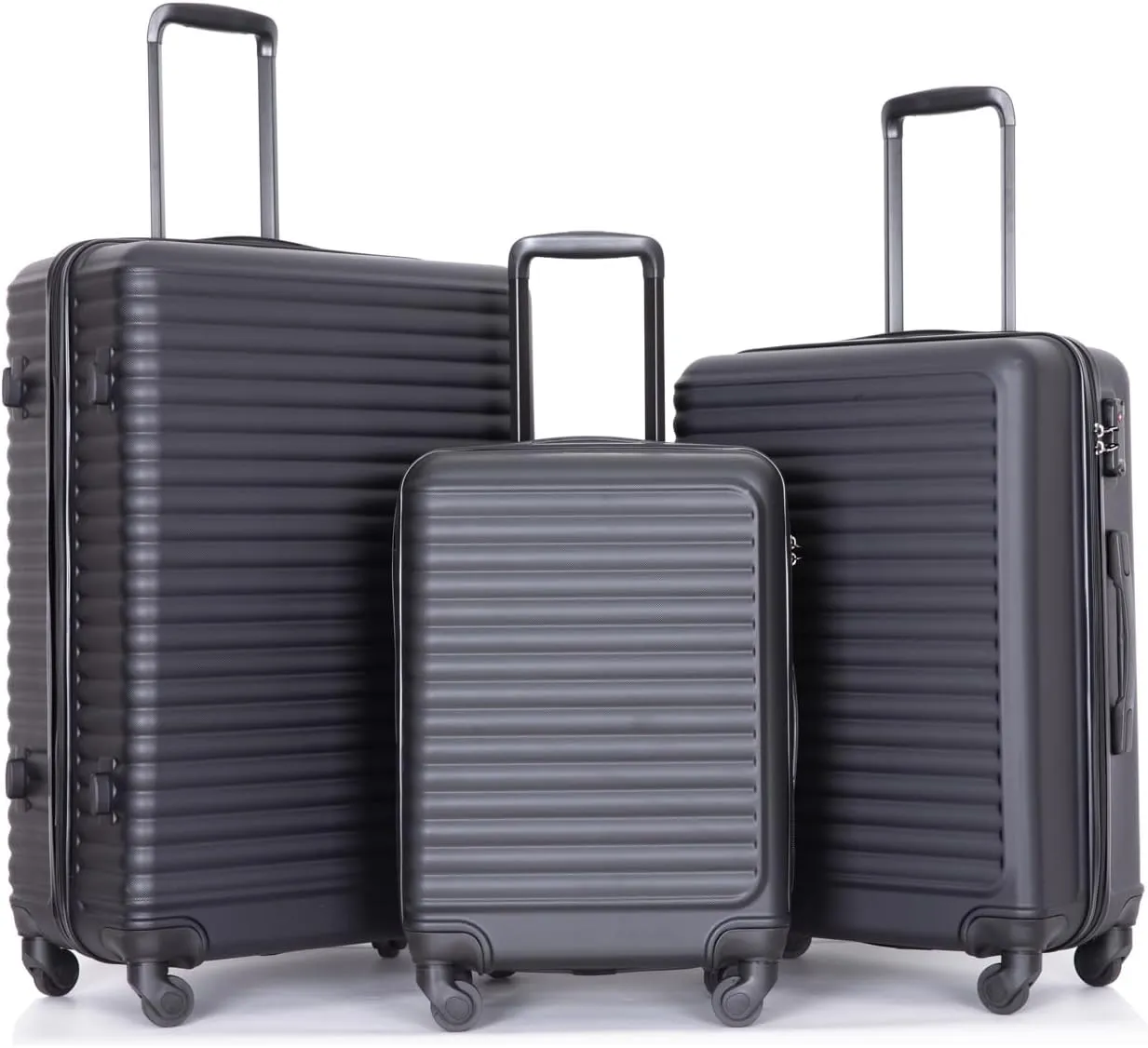 Lightweight ABS 3 Piece Luggage Set with Spinner Wheels and Hooks, Convenient Travel Suitcase Set, Black
